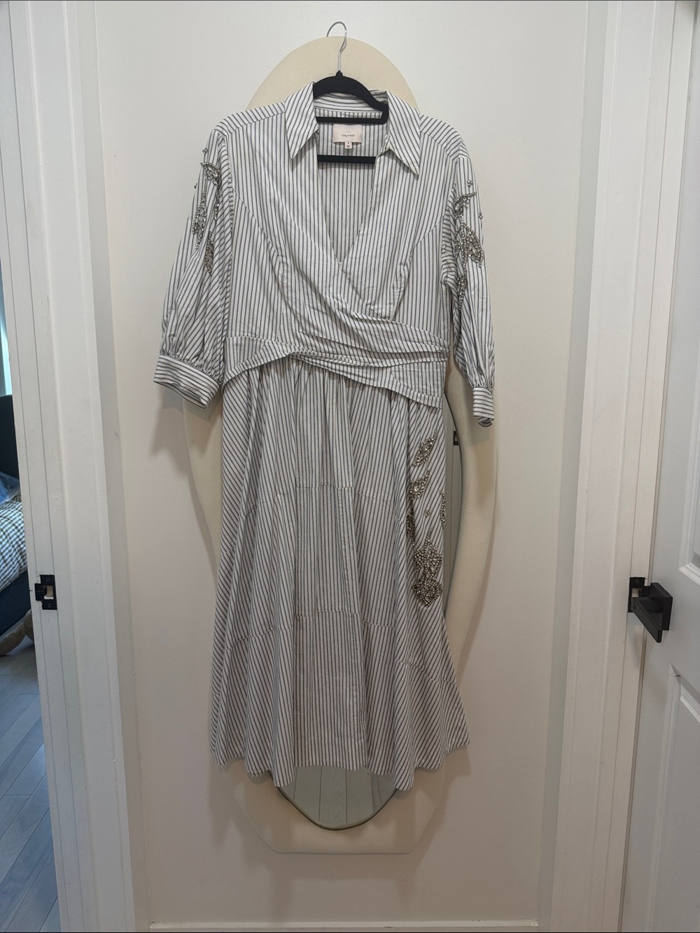 cinq a sept White Striped Wrap Midi Dress with Embroidered Accents